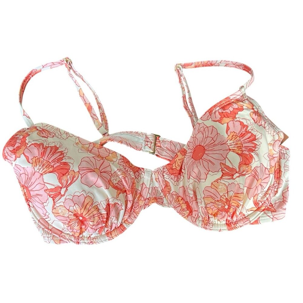 NEW Shade & Shore Bikini Top Strappy Floral Underwire size 36D Pink/Orange